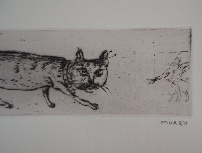 Mordecai MOREH : Le chat et la souris, Gravure originale Signée