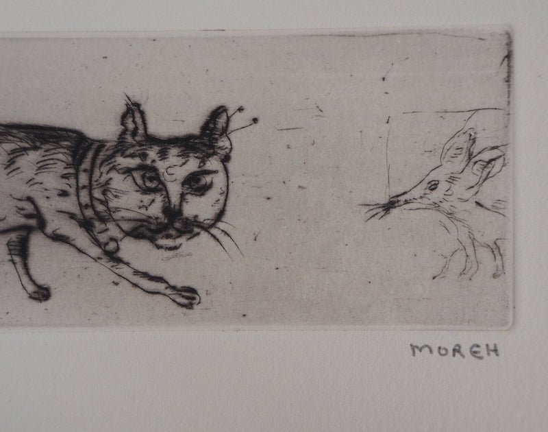 Mordecai MOREH : Le chat et la souris, Gravure originale Signée