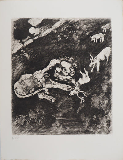 Marc CHAGALL : Le lion fourbe (La Génisse, la Chèvre, et la Brebis, en société avec le Lion), Gravure originale (vue générale) - Crédit photo : Galerie Art.Paris