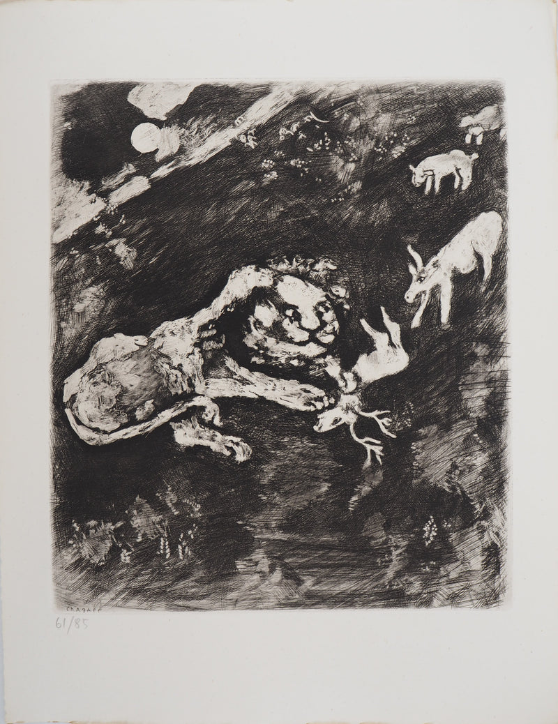 Marc CHAGALL : Le lion fourbe (La Génisse, la Chèvre, et la Brebis, en société avec le Lion), Gravure originale (vue générale) - Crédit photo : Galerie Art.Paris