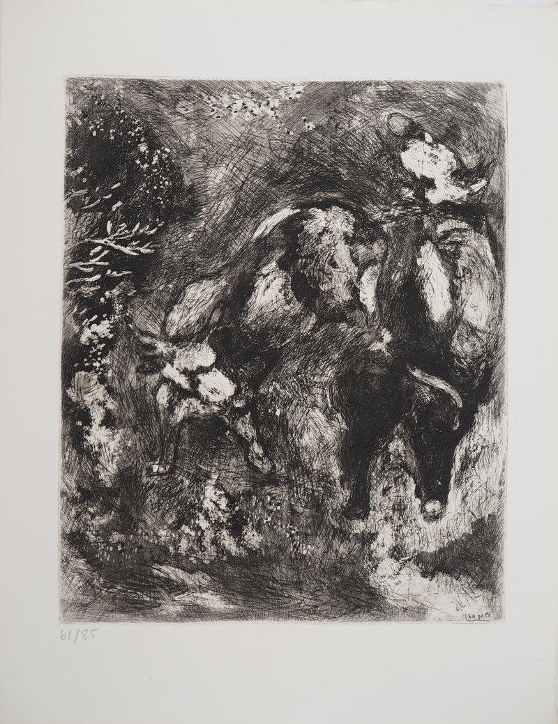 Marc CHAGALL : Deux taureaux et une grenouille, Gravure originale (vue générale) - Crédit photo : Galerie Art.Paris