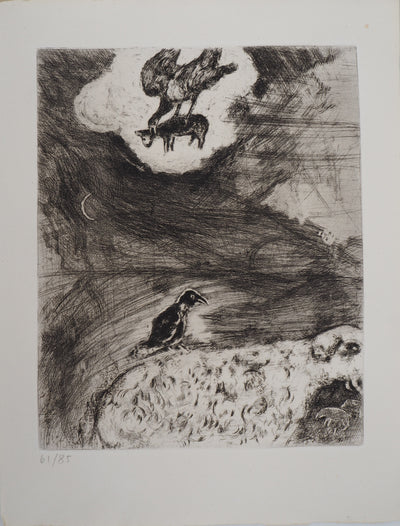 Marc CHAGALL : Rêverie du corbeau (Le corbeau voulant imiter l'aigle), Gravure originale (vue générale) - Crédit photo : Galerie Art.Paris