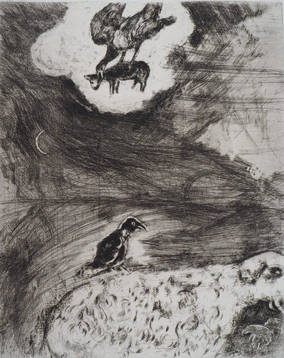 Marc CHAGALL : Rêverie du corbeau (Le corbeau voulant imiter l'aigle), Gravure originale (photo de détail 2) - Crédit photo : Galerie Art.Paris