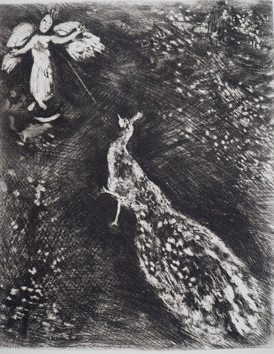 Marc CHAGALL : L'ange et le paon (Le paon se plaignant  Junon), Gravure originale (photo de détail 3) - Crédit photo : Galerie Art.Paris
