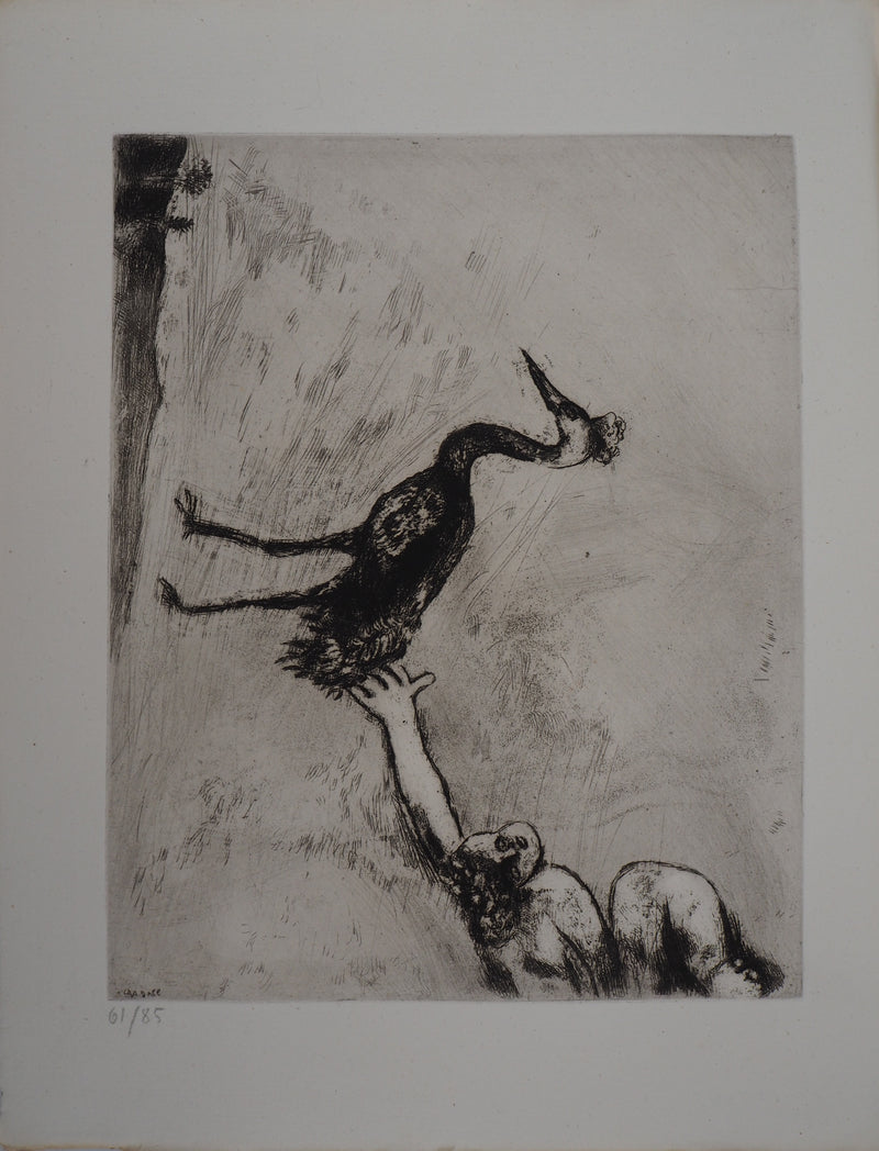 Marc CHAGALL : Le héron (Les grenouilles qui demandent un roi), Gravure originale (vue générale) - Crédit photo : Galerie Art.Paris