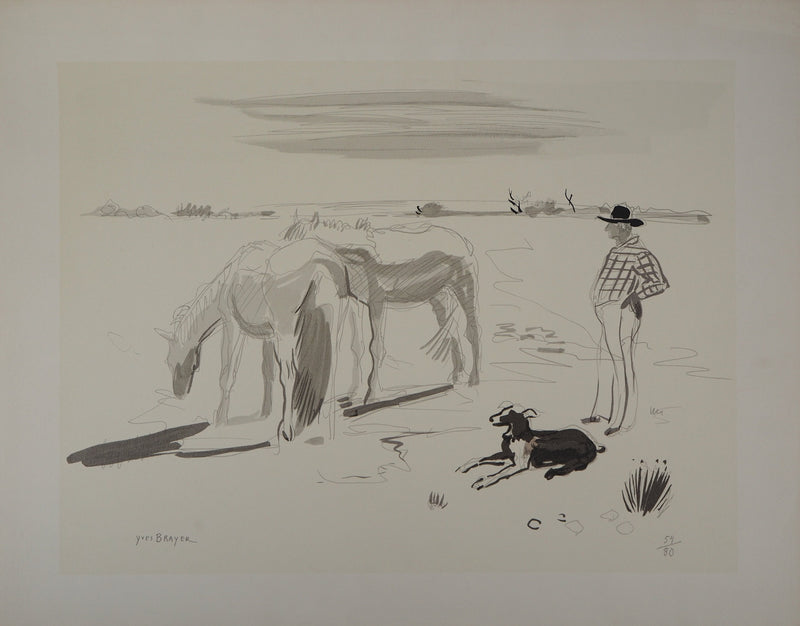 Yves BRAYER : Chevaux et gardien en Camargue, Lithographie originale signée