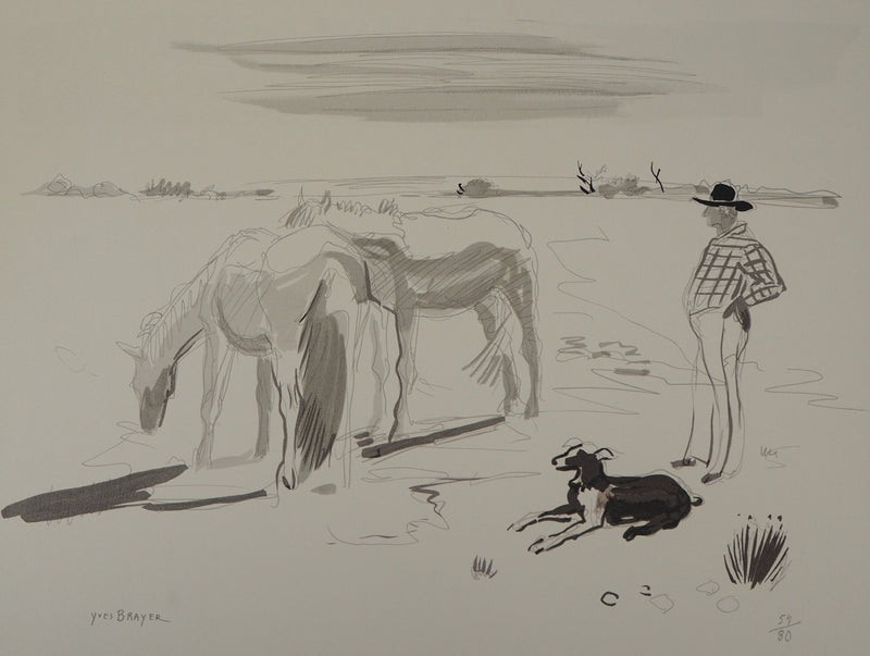 Yves BRAYER : Chevaux et gardien en Camargue, Lithographie originale signée