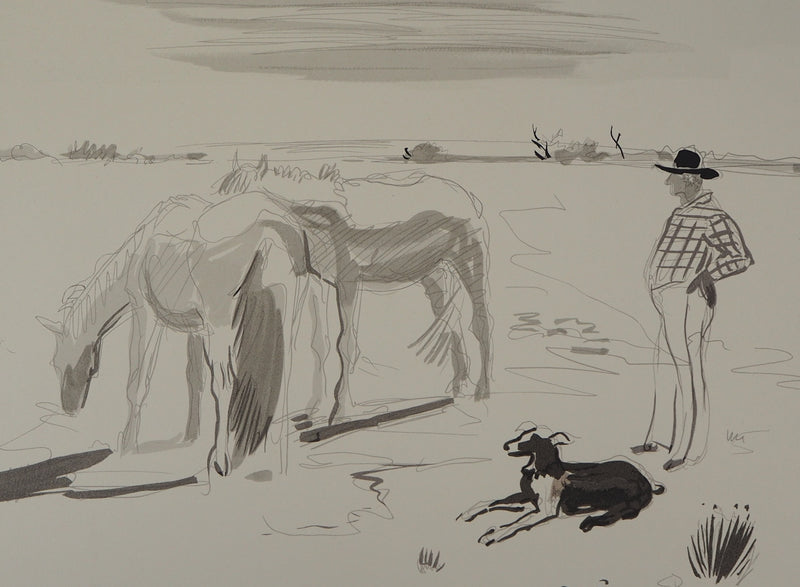 Yves BRAYER : Chevaux et gardien en Camargue, Lithographie originale signée