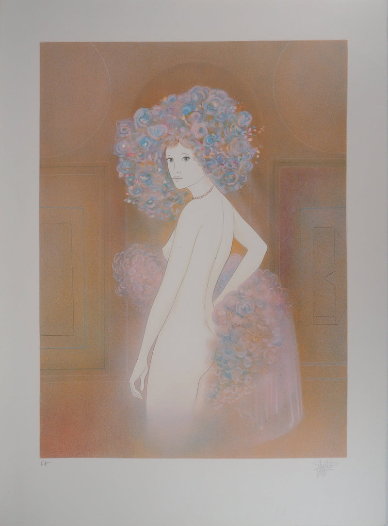 Guy RIBES : Jeune fille en fleurs, Lithographie originale (vue générale) - Crédit photo : Galerie Art.Paris