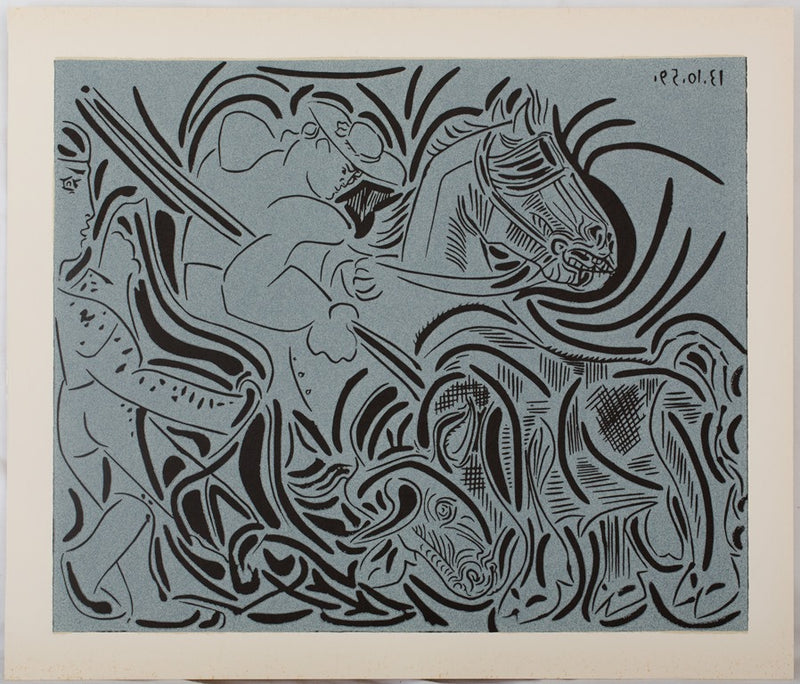 Pablo PICASSO : Pique : Face au taureau, Linogravure (1962)