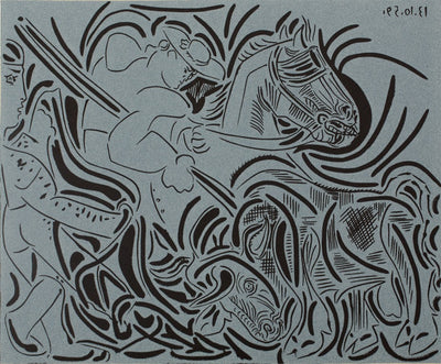 Pablo PICASSO : Pique : Face au taureau, Linogravure (1962)