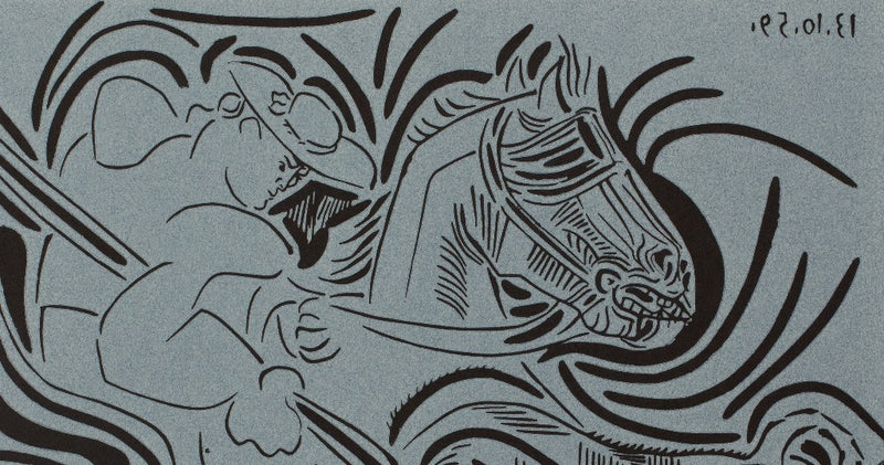 Pablo PICASSO : Pique : Face au taureau, Linogravure (1962)