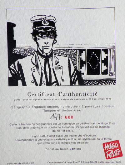 Hugo PRATT : Corto Maltese / Sous le signe du Capricorne, Sérigraphie originale (photo de détail 4) - Crédit photo : Galerie Art.Paris