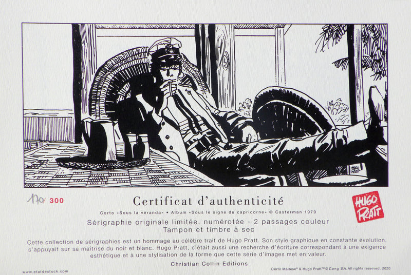 Hugo PRATT: Corto Maltèse unter der Veranda (Großes Modell), Original signierter Siebdruck