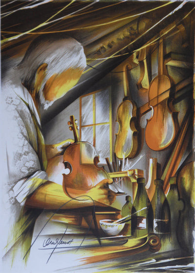 Raymond POULET : Le luthier, Lithographie originale (vue générale) - Crédit photo : Galerie Art.Paris