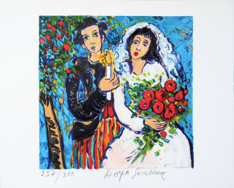 Alain RAYA SORKINE : Mariage au bouquet de roses, Lithographie originale (vue générale) - Crédit photo : Galerie Art.Paris