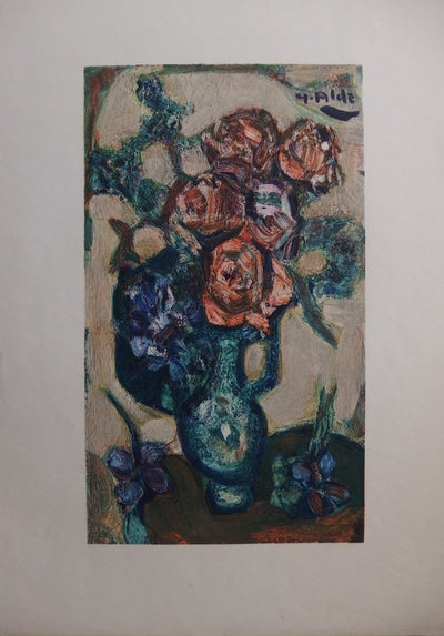 Yvette ALDE : La bouquet de roses - Lithographie