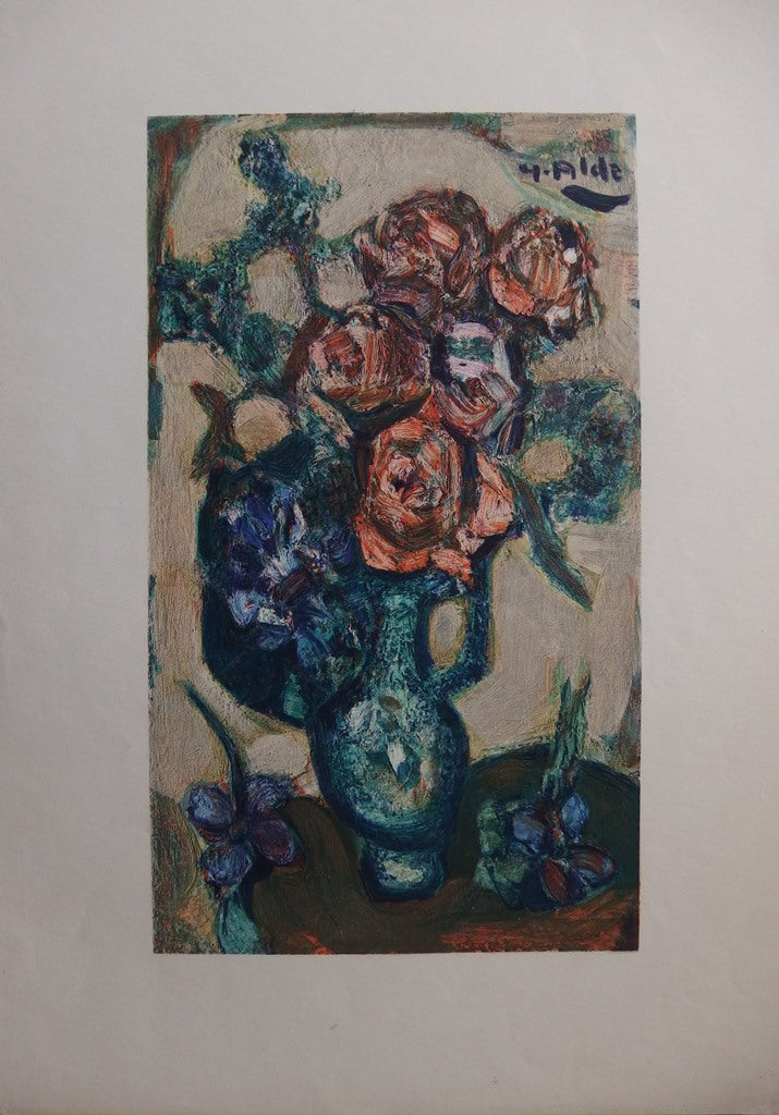 Yvette ALDE : La bouquet de roses - Lithographie