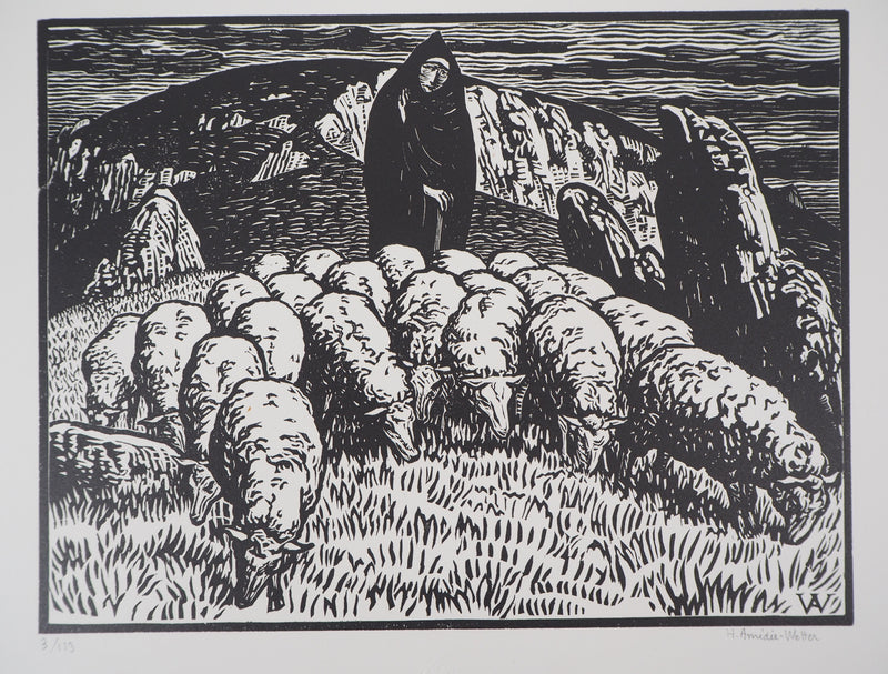 Henri AMEDEE-WETTER : Creuse : Bergère et ses moutons, 1920 - Gravure sur bois