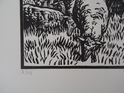 Henri AMEDEE-WETTER : Creuse : Bergère et ses moutons, 1920 - Gravure sur bois (détail)