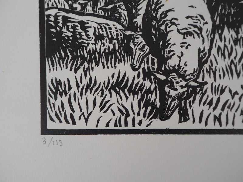 Henri AMEDEE-WETTER : Creuse : Bergère et ses moutons, 1920 - Gravure sur bois (détail)