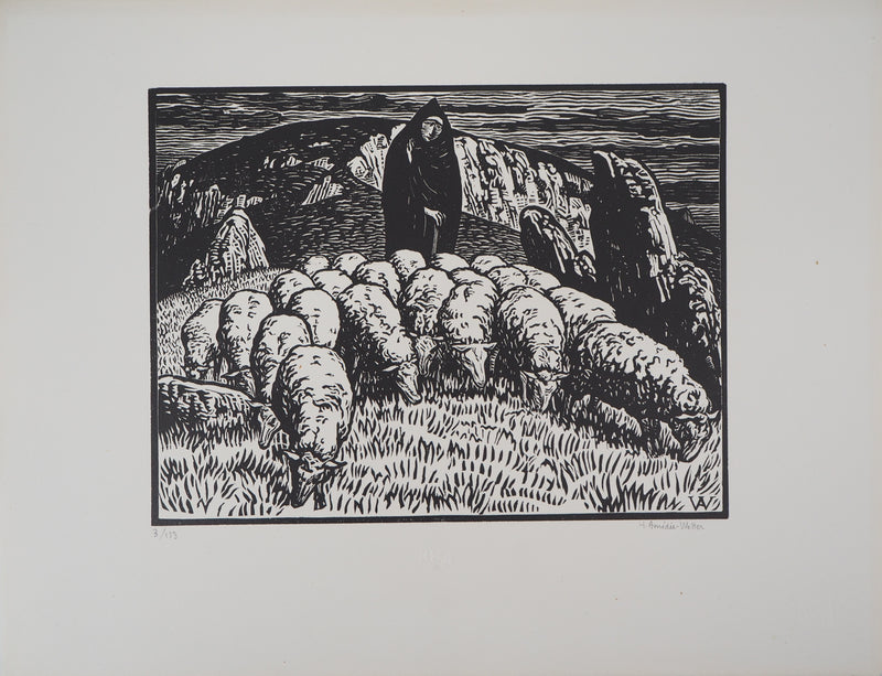 Henri AMEDEE-WETTER : Creuse : Bergère et ses moutons, 1920 - Gravure sur bois (détail)