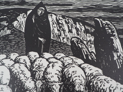 Henri AMEDEE-WETTER : Creuse : Bergère et ses moutons, 1920 - Gravure sur bois (détail)