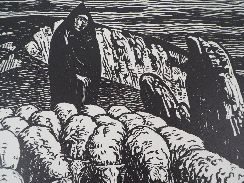Henri AMEDEE-WETTER : Creuse : Bergère et ses moutons, 1920 - Gravure sur bois (détail)