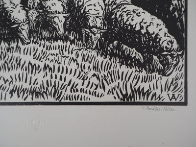 Henri AMEDEE-WETTER : Creuse : Bergère et ses moutons, 1920 - Gravure sur bois (détail)