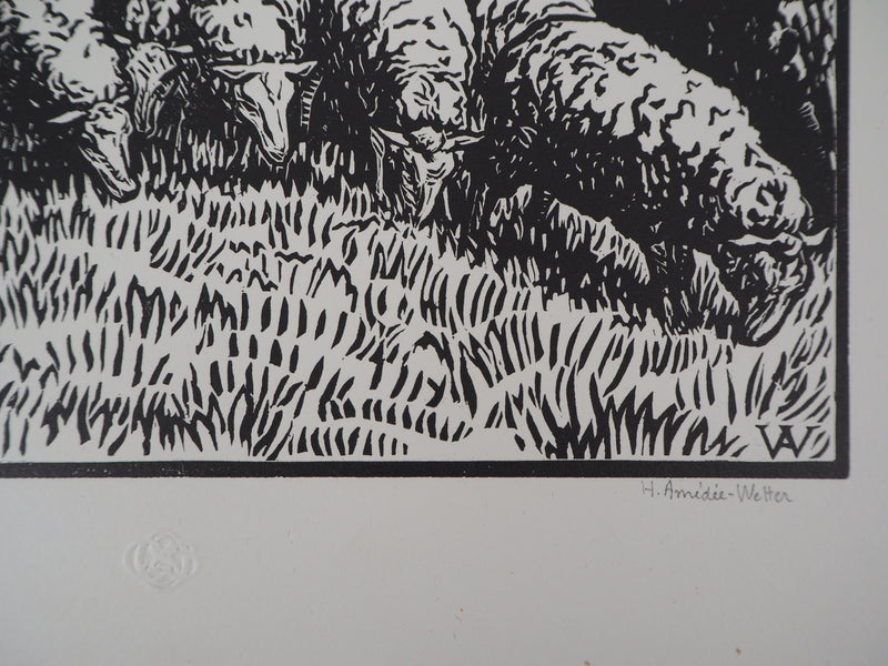 Henri AMEDEE-WETTER : Creuse : Bergère et ses moutons, 1920 - Gravure sur bois (détail)