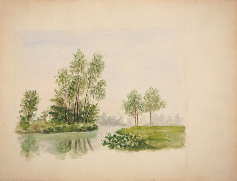  Anonyme : Bord de rivière - Aquarelle (détail)