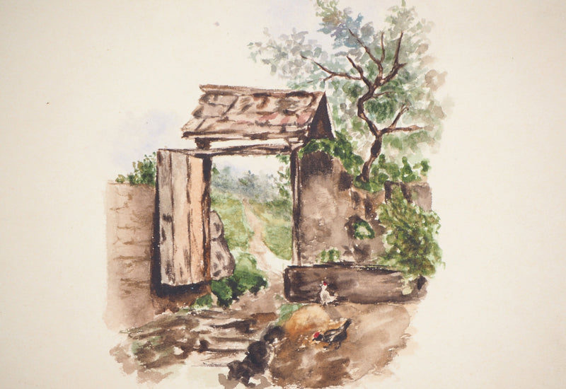  Anonyme : La porte de la ferme - Aquarelle