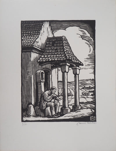 Henri BACHER : Alsace, la chapelle - 1929 - Gravure sur bois