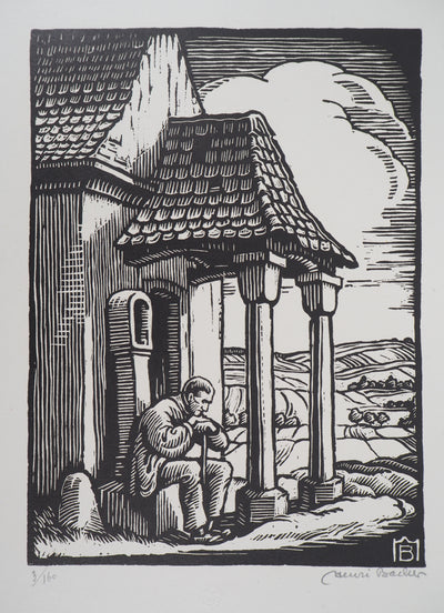 Henri BACHER : Alsace, la chapelle - 1929 - Gravure sur bois (détail)