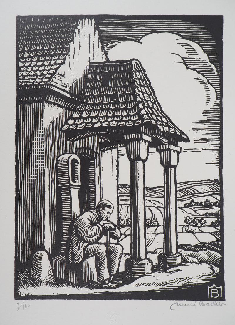 Henri BACHER : Alsace, la chapelle - 1929 - Gravure sur bois (détail)