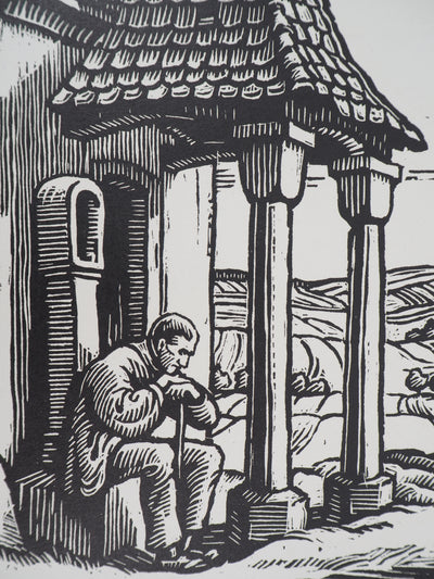 Henri BACHER : Alsace, la chapelle - 1929 - Gravure sur bois (détail)