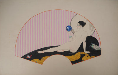 Georges BARBIER : Art Nouveau : Nu à la boule de cristal, 1920 - Gouache