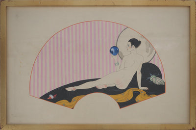 Georges BARBIER : Art Nouveau : Nu à la boule de cristal, 1920 - Gouache (détail)
