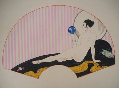 Georges BARBIER : Art Nouveau : Nu à la boule de cristal, 1920 - Gouache (détail)