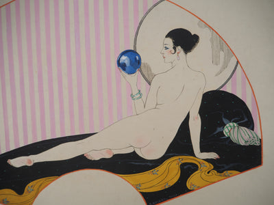 Georges BARBIER : Art Nouveau : Nu à la boule de cristal, 1920 - Gouache (détail)