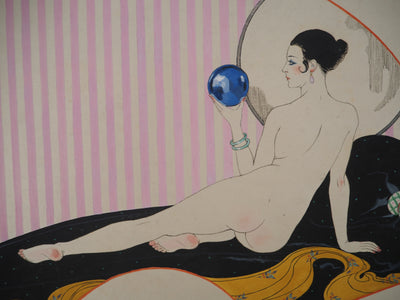 Georges BARBIER : Art Nouveau : Nu à la boule de cristal, 1920 - Gouache (détail)