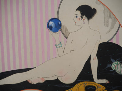 Georges BARBIER : Art Nouveau : Nu à la boule de cristal, 1920 - Gouache (détail)