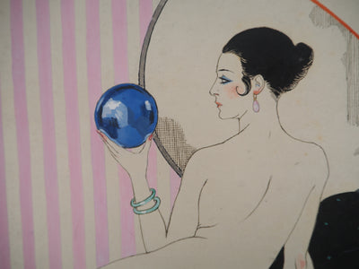 Georges BARBIER : Art Nouveau : Nu à la boule de cristal, 1920 - Gouache (détail)