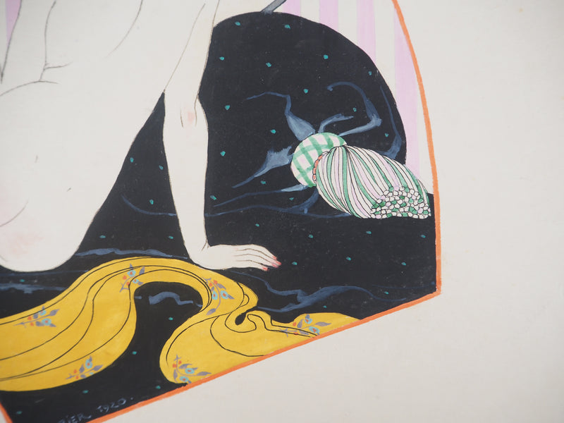 Georges BARBIER : Art Nouveau : Nu à la boule de cristal, 1920 - Gouache (détail)