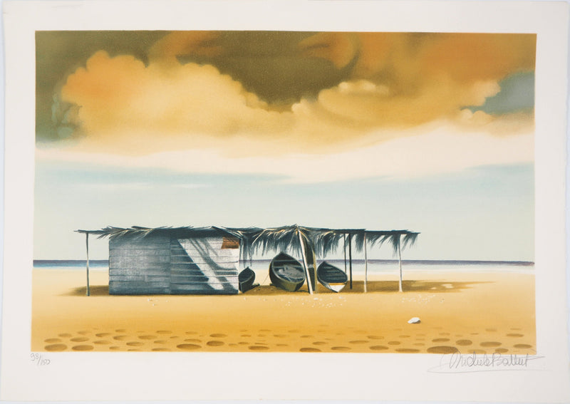 Michèle BATTUT : Cabanon sur la plage - Lithographie (détail)