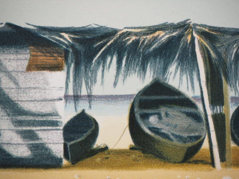 Michèle BATTUT : Cabanon sur la plage - Lithographie (détail)