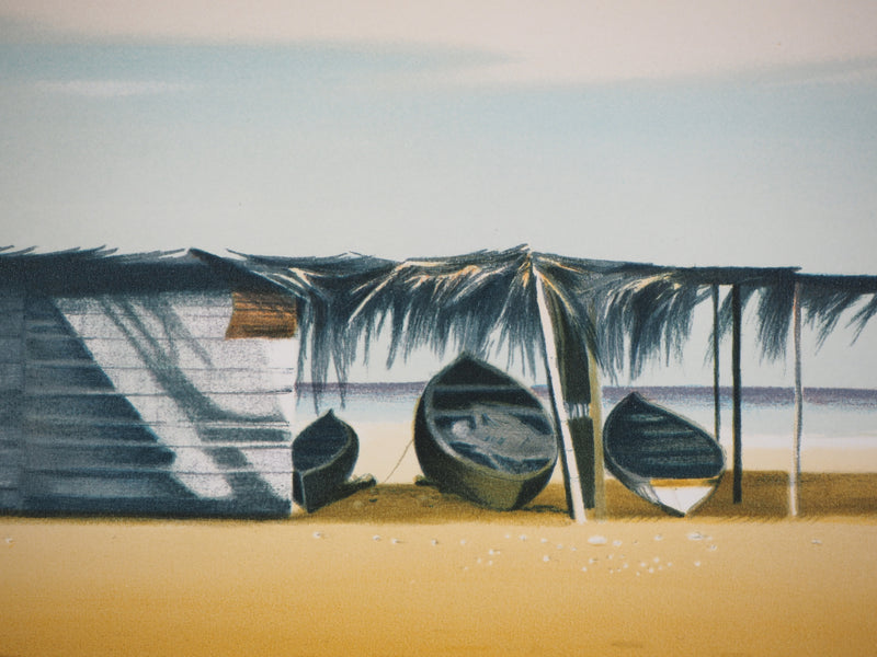 Michèle BATTUT : Cabanon sur la plage - Lithographie (détail)
