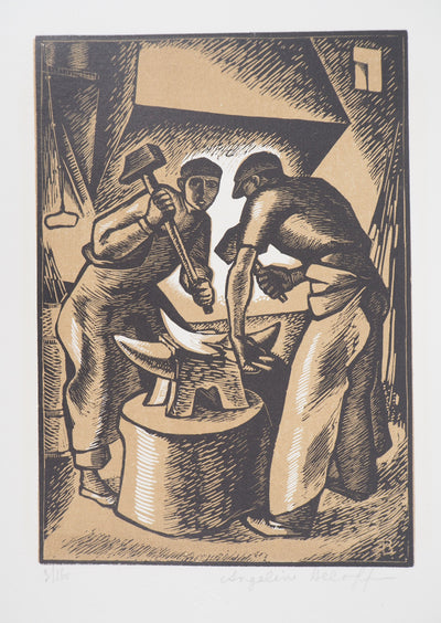 Angélina BELOFF : Le Forgeron - 1929 - Gravure sur bois (détail)