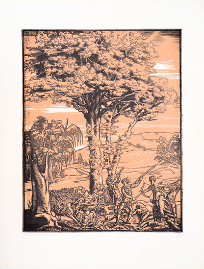 Jacques BELTRAND : La chasse, 1920 - Gravure sur bois (détail)