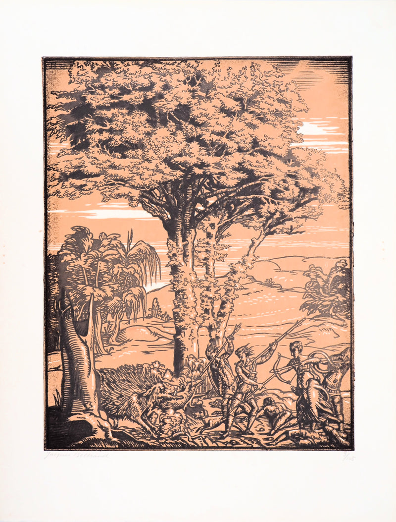 Jacques BELTRAND : La chasse, 1920 - Gravure sur bois (détail)